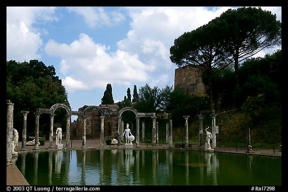 Antique statues along the Canopus, Villa Adriana. Tivoli, Lazio, Italy