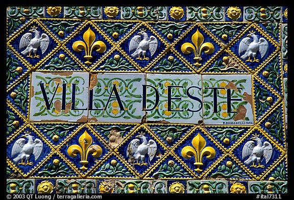 Ceramic sign at the entrance of Villa d'Este. Tivoli, Lazio, Italy