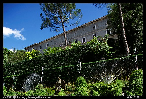 The Villa d'Este seen from the lower terraces of the garden. Tivoli, Lazio, Italy