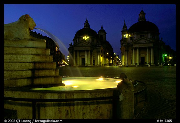 Fountain in Piazza Del Popolo at night. Rome, Lazio, Italy (color)