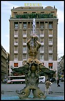 Tritone Fountain and hotel Bernini. Rome, Lazio, Italy (color)