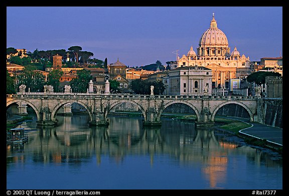 Ponte Sant'Angelo over the Tiber, and Basilica San Pietro, sunrise. Vatican City (color)