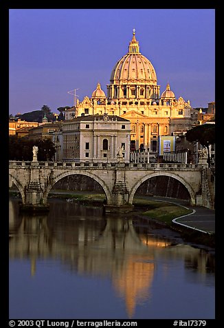 Bridge and Basilic Saint Peter reflected in Tiber River, sunrise. Vatican City