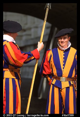 Papal Swiss guards in colorful traditional uniform. Vatican City (color)