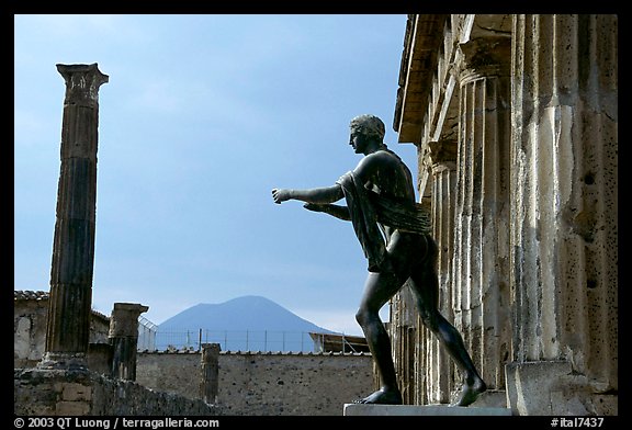 Statue of Apollon, Temple, and Mt Vesuvius. Pompeii, Campania, Italy (color)