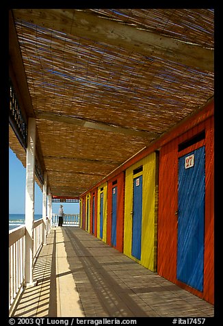 Row of changing cabins, Paestum. Campania, Italy