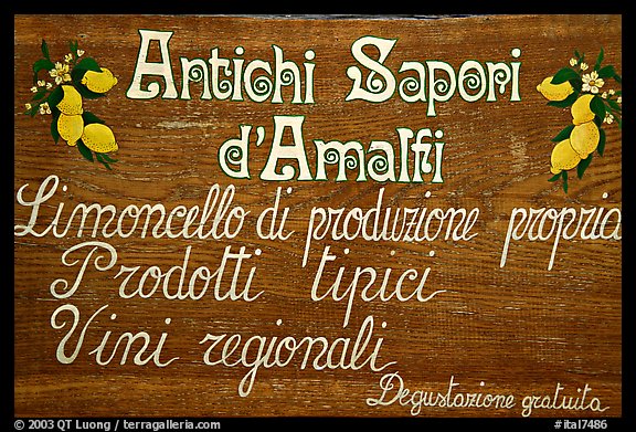 Sign advertising Lemoncelo, the local lemon-based liquor, Amalfi. Amalfi Coast, Campania, Italy (color)