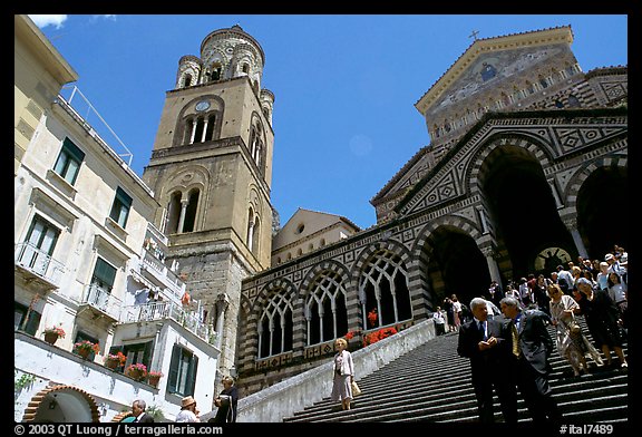Flight of stairs and ornate Duomo Sant'Andrea, Amalfi. Amalfi Coast, Campania, Italy
