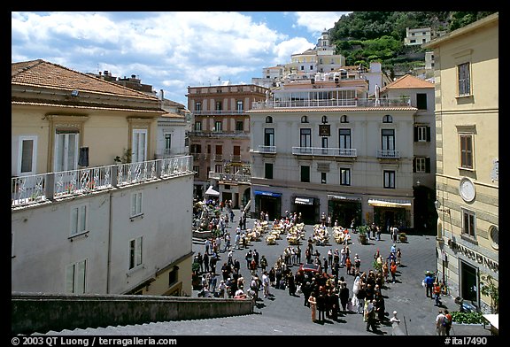 Plazza with wedding party seen from the stairs of Duomo Sant'Andrea, Amalfi. Amalfi Coast, Campania, Italy (color)