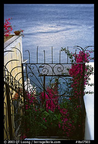 Forged metal entrance to a garden overlooking the sea, Positano. Amalfi Coast, Campania, Italy