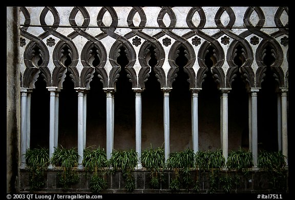 Gothic columns in Villa Rufolo, whose last resident was Richard Wagner, Ravello. Amalfi Coast, Campania, Italy (color)