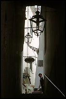 Narrow stairway with formally dressed man and hotel sign,  Amalfi. Amalfi Coast, Campania, Italy