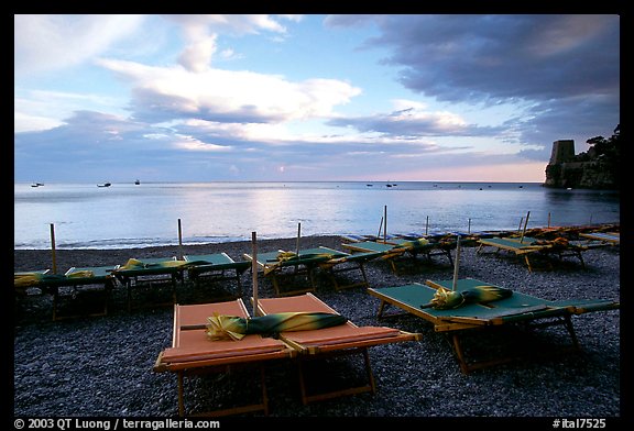 Beach chairs at sunset, Positano. Amalfi Coast, Campania, Italy (color)
