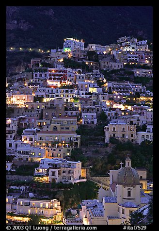 Houses on steep hill at sunset, Positano. Amalfi Coast, Campania, Italy