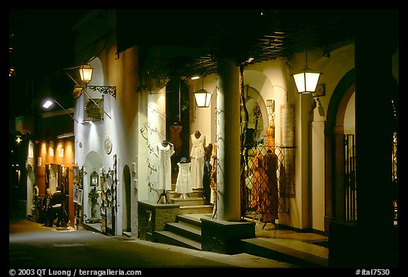 Expensive stores at night on Via Pasitea. Amalfi Coast, Campania, Italy