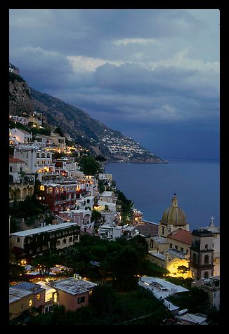 Positano and Mediterranean  at dusk. Amalfi Coast, Campania, Italy (color)