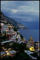 Positano and Mediterranean  at dusk. Amalfi Coast, Campania, Italy