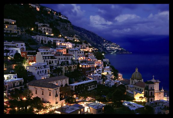Positano and Mediterranean before nightfall. Amalfi Coast, Campania, Italy (color)