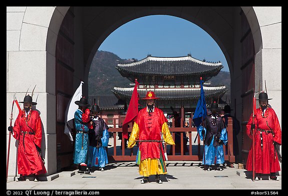 Gate guards and palace, Gyeongbokgung. Seoul, South Korea (color)