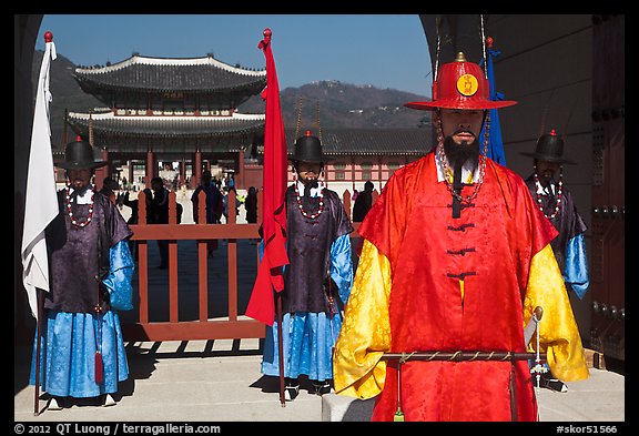 Guards in Joseon-period costumes, Gyeongbokgung. Seoul, South Korea