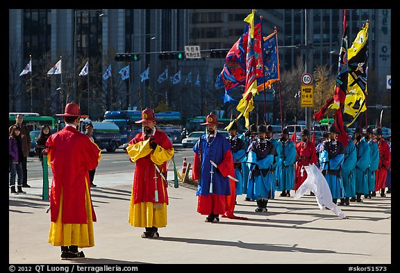 Changing of the Guard ceremony in front of Gyeongbokgung palace. Seoul, South Korea (color)