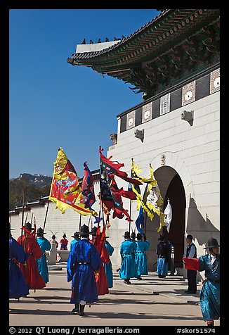Guard change ceremony in front of Gyeongbokgung palace gate. Seoul, South Korea (color)