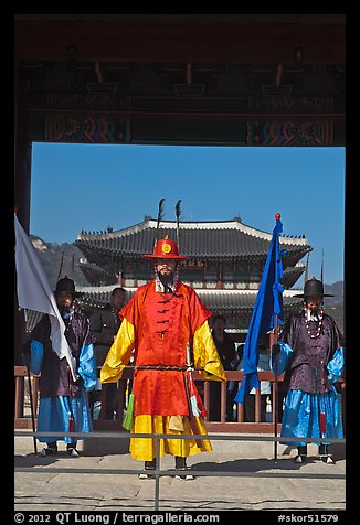 Joseon guards and Gyeongbokgung palace. Seoul, South Korea