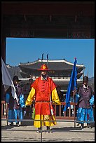 Joseon guards and Gyeongbokgung palace. Seoul, South Korea (color)