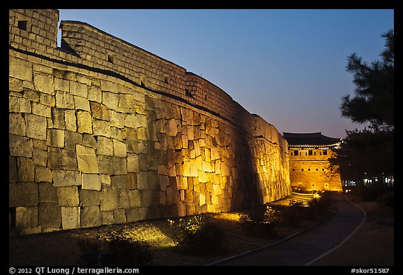 Outside Suwon Hwaseong Fortress wall at dusk. South Korea