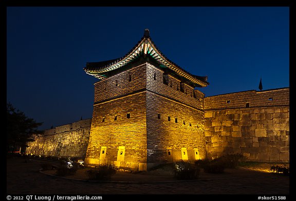 Suwon Hwaseong Fortress tower at night. South Korea (color)