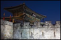 Wall and Janganmun gate at night, Suwon Hwaseong Fortress. South Korea