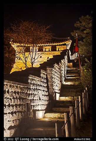 Steep section of wall at night, Namchi, Suwon Hwaseong Fortress. South Korea (color)