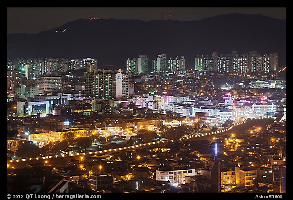 Elevated view of city at night, Suwon. South Korea (color)