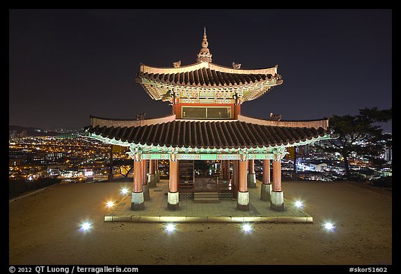 Seojangdae (western command post) and city lights, Suwon. South Korea (color)