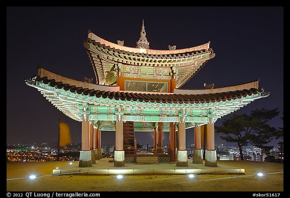 Seojangdae (western command post) at night, Suwon Hwaseong Fortress. South Korea (color)