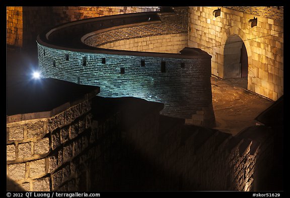 Hwaseomun gate fortifications from above,  Suwon Hwaseong Fortress. South Korea