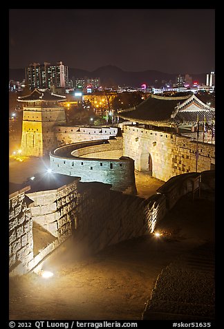 Hwaseomun gate at night, Suwon Hwaseong Fortress. South Korea