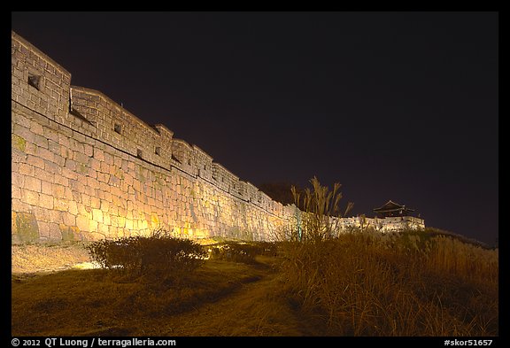 Suwon Hwaseong Fortress wall at night. South Korea (color)