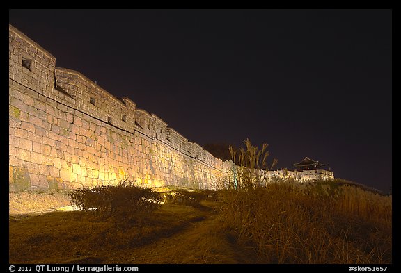 Suwon Hwaseong Fortress wall at night. South Korea