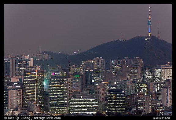 City skyline and Namsan hill at night. Seoul, South Korea (color)