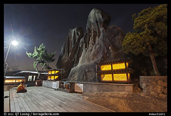 Sacred shamanist site of Seon-bawi at night. Seoul, South Korea (color)