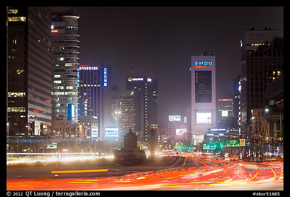 Large boulevard, lights, and high rises. Seoul, South Korea (color)