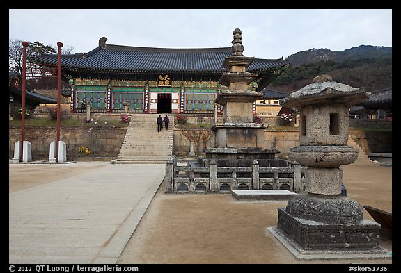 Three-story stone pagoda and main hall, Haeinsa Temple. South Korea