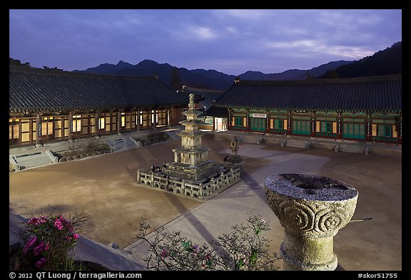 Stone pagoda and courtyard at dusk, Haeinsa Temple. South Korea (color)