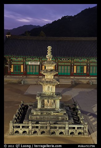 Stone pagoda at dusk, Haeinsa Temple. South Korea (color)