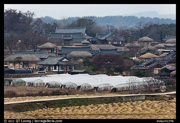 Fields, greenhouses, and village. Hahoe Folk Village, South Korea (color)