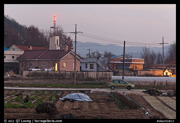 Cultivation and church on outskirts of Andong. South Korea (color)