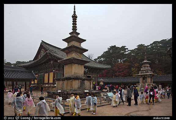 Schoolchildren visiting main courtyard, Bulguk-sa. Gyeongju, South Korea (color)