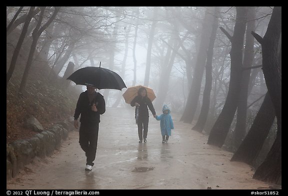 Family walking on path in the rain, Seokguram. Gyeongju, South Korea (color)