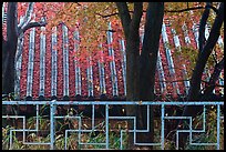 Fence with Buddhist symbol, and roof with fallen leaves, Bulguksa. Gyeongju, South Korea ( color)